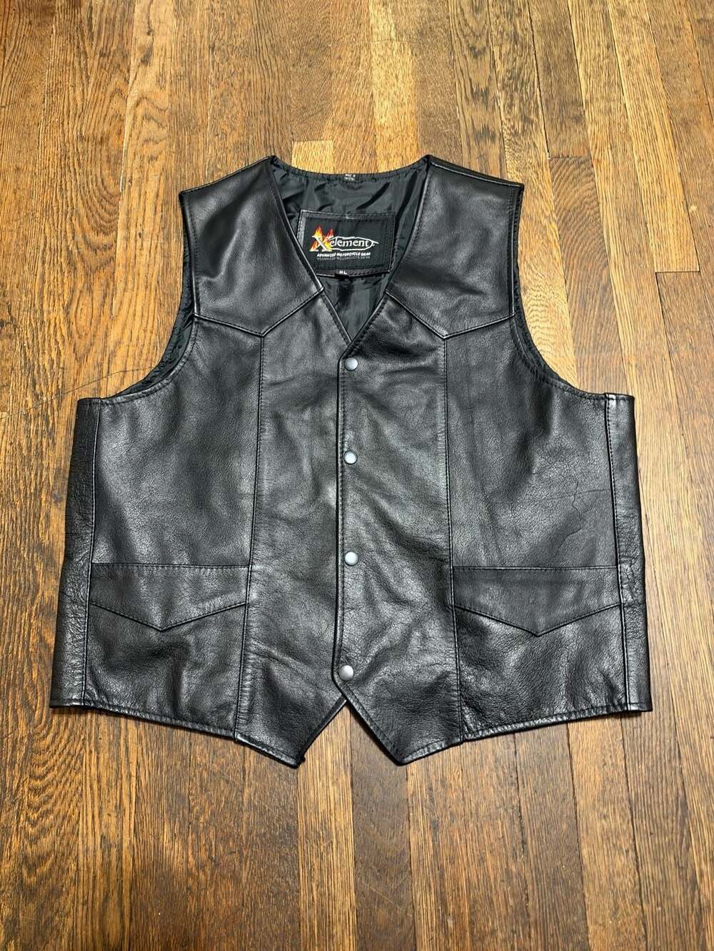 Xelement Black Leather Motorcycle Vest Size XL Snap Front